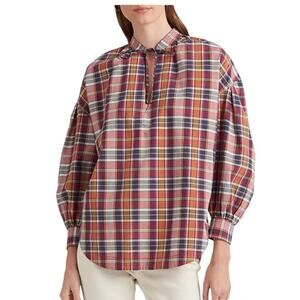 Lauren Ralph Lauren Cotton Madras Tie-Neck Blouse New Size Large